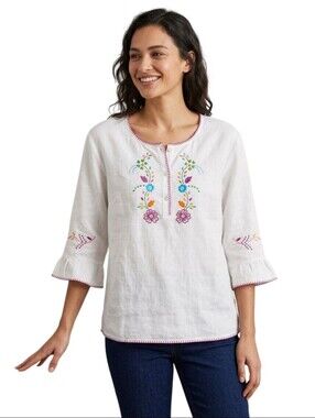 Isla Parente Stunning 100% Linen Embroidered Peasant Blouse Size XL